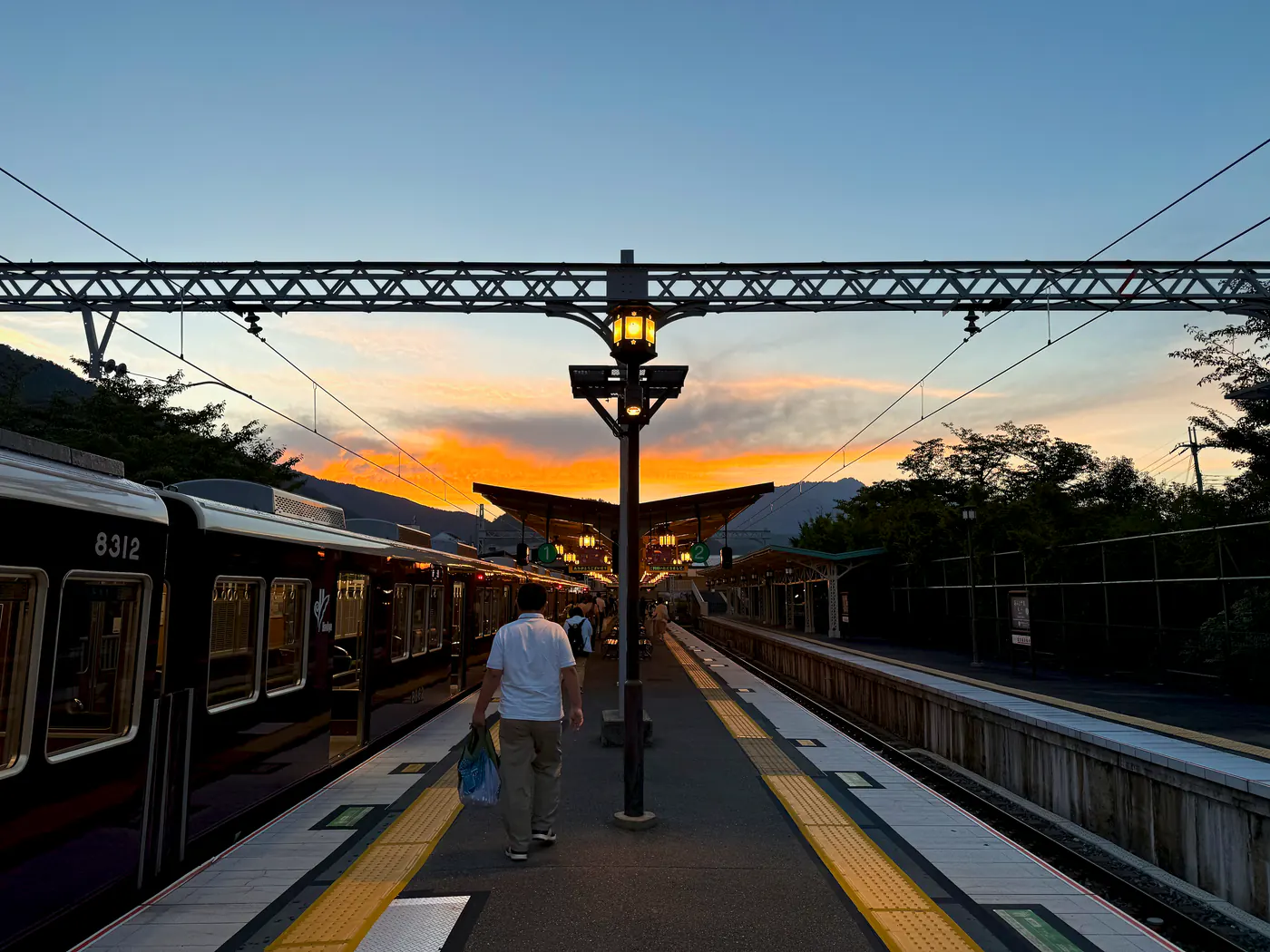 Hankyu Arashiyama station at sunset, three minutes on foot