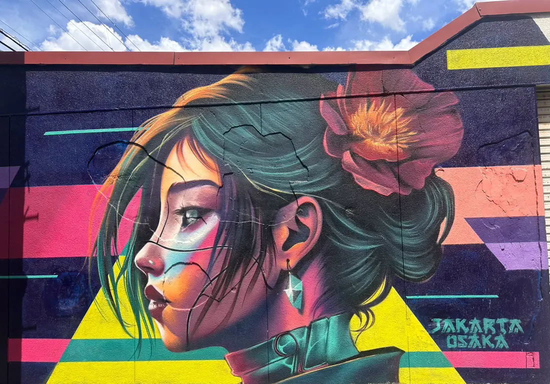 a face in profile, on a wall of coloured bands