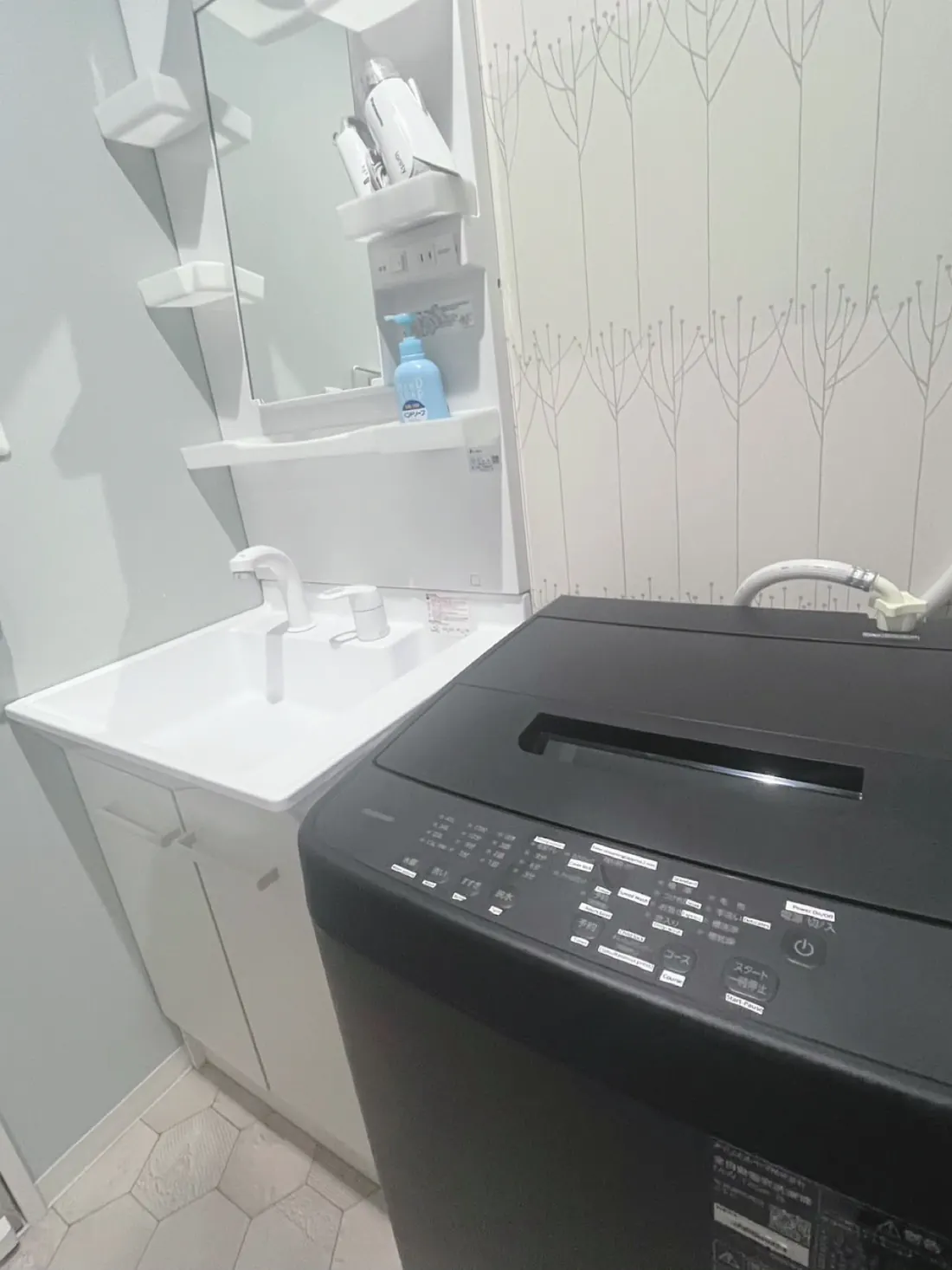 the washing corner: the basin, the mirror, the washing machine